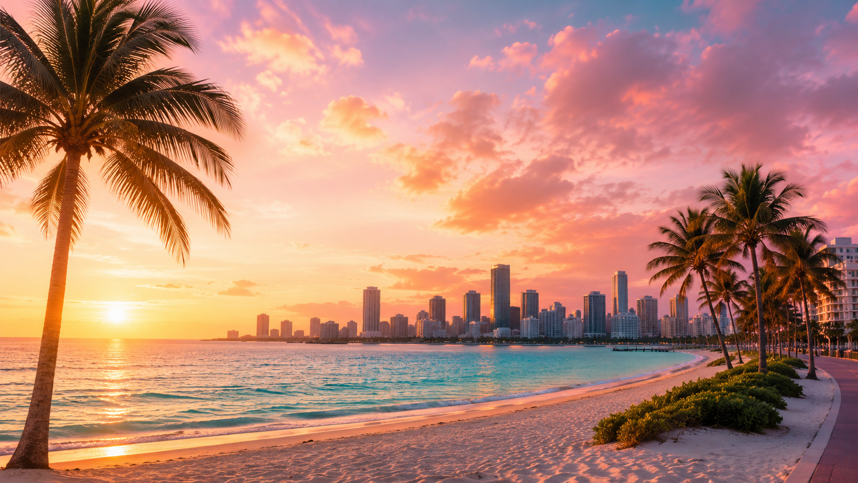 Miami Beach lifeguard tower at sunset with palm trees and skyline