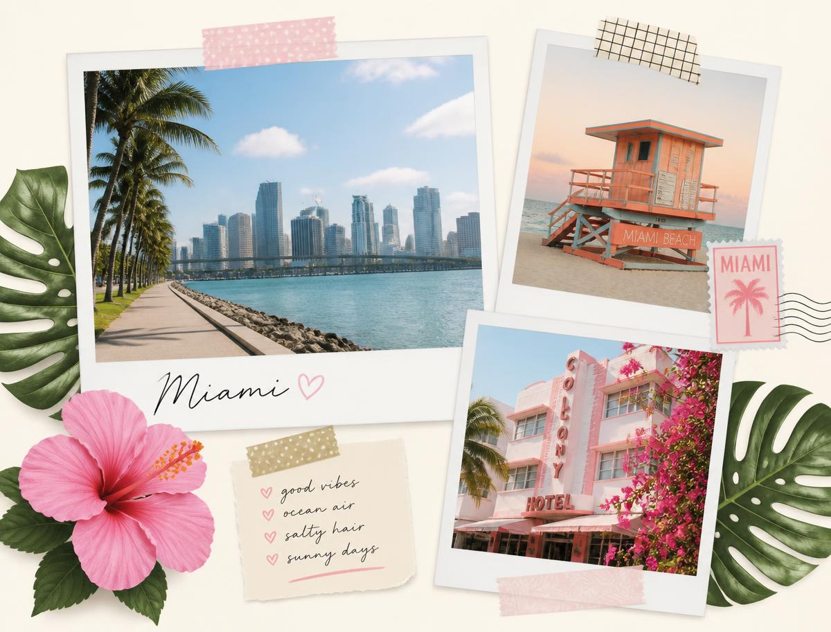 Polaroid collage of Miami skyline, beach lifeguard tower and pastel hotel